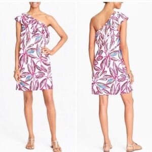 J. Crew Tip Off Shoulder Leaf Print Ruffle Linen Dress Sz Small‎ Tropical…